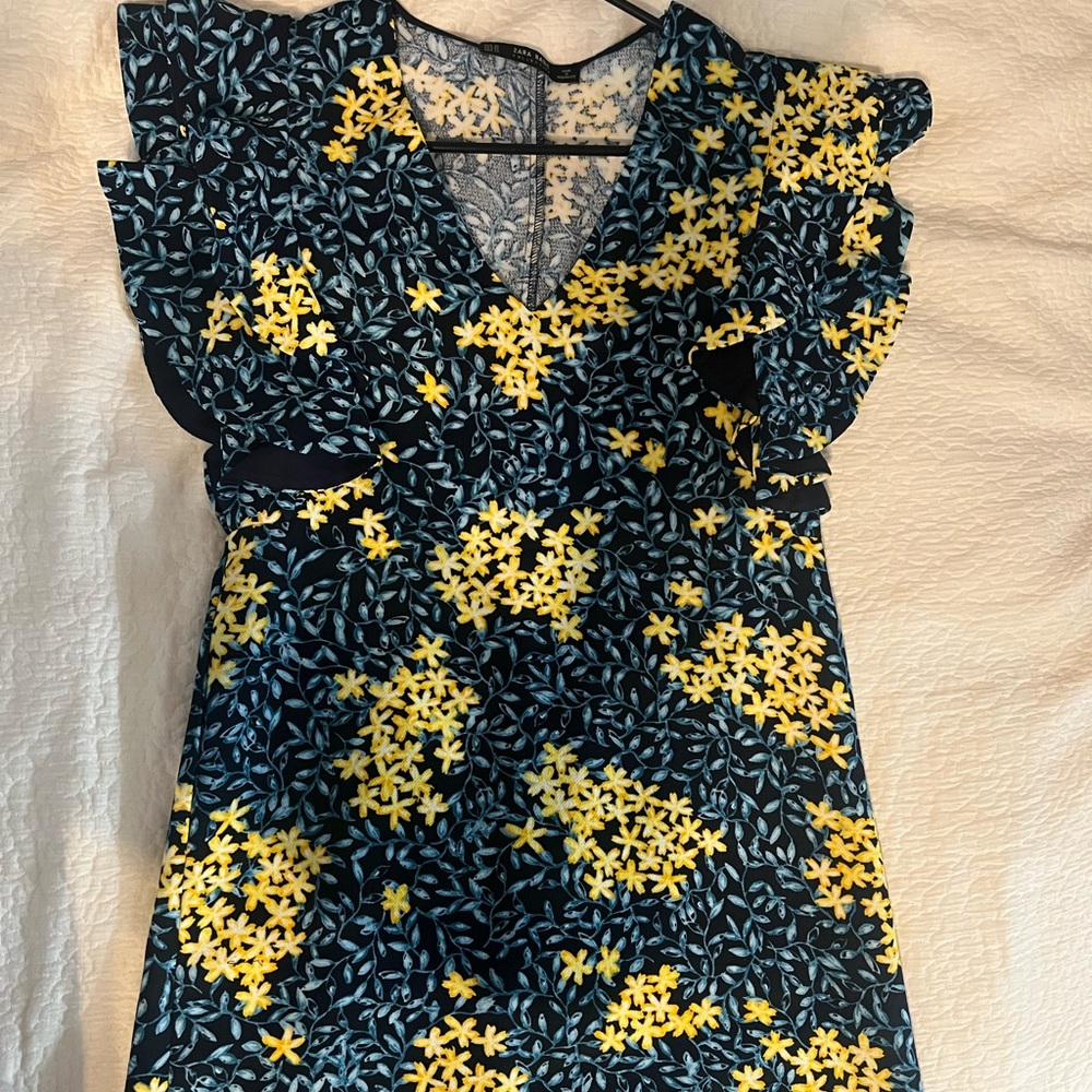 Zara Floral V-Neck Dress with Ruffle Sleeves
